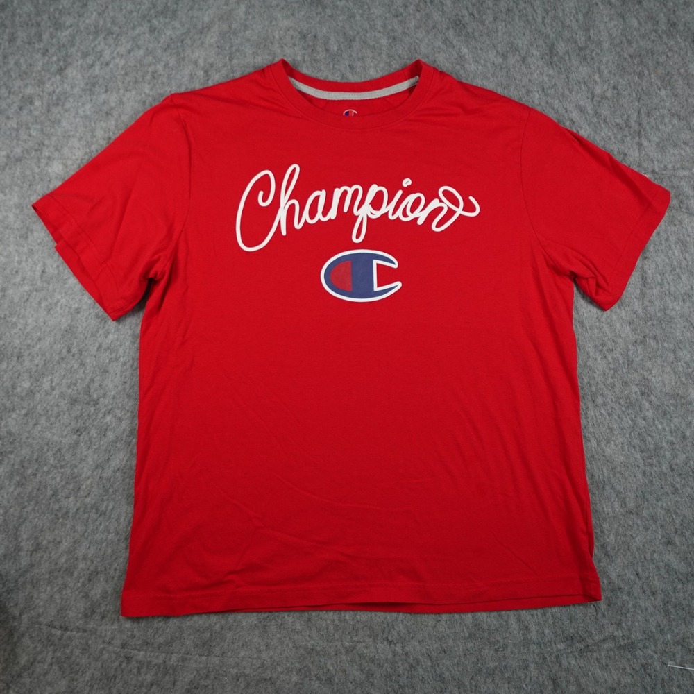 Champion Shirt Men Extra Large Red Script Logo Graphic Short Sleeve Cotton Blend